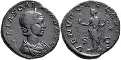 Roman Imperial Julia Soaemias, Augusta, 218-222. Sestertius (Orichalcum, 28 mm, 17.96 g, 6 h), Rome, 220-222. IVLIA SOAEMIAS AVG Draped bust of Julia Soaemias to right. Rev. VENVS CAELESTIS / S - C Ve