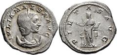 Roman Imperial Julia Maesa, Augusta, 218-224/5. Antoninianus (Silver, 22 mm, 5.12 g, 6 h), Rome, 219. IVLIA MAESA AVG Diademed and draped bust of Julia Maesa set to right on crescent. Rev. PIETAS AVG 