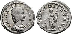 Roman Imperial Julia Maesa, Augusta, 218-224/5. Denarius (Silver, 19 mm, 3.71 g, 11 h), Rome, 219. IVLIA MAESA AVG Draped bust of Julia Maesa to right. Rev. FECVNDITAS AVG Fecunditas standing front, h