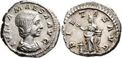 Roman Imperial Julia Maesa, Augusta, 218-224/5. Denarius (Silver, 19 mm, 2.99 g, 5 h), Rome, 222-224. IVLIA MAESA AVG Draped bust of Julia Maesa to right. Rev. PIETAS AVG Pietas, veiled, standing fron