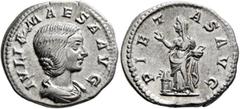Roman Imperial Julia Maesa, Augusta, 218-224/5. Denarius (Silver, 19 mm, 3.09 g, 6 h), Rome, 222-224. IVLIA MAESA AVG Draped bust of Julia Maesa to right. Rev. PIETAS AVG Pietas, veiled, standing fron