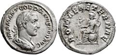 Roman Imperial Gordian I, 238. Denarius (Silver, 19 mm, 2.00 g, 12 h), Rome, March-April 238. IMP M ANT GORDIANVS AFR AVG Laureate, draped and cuirassed bust of Gordian I to right, seen from behind. R