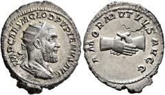 Roman Imperial Pupienus, 238. Antoninianus (Silver, 25 mm, 4.64 g, 12 h), Rome, circa April-June 238. IMP CAES M CLOD PVPIENVS AVG Radiate, draped and cuirassed bust of Pupienus to right, seen from be