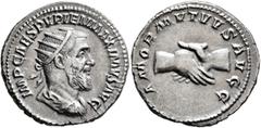 Roman Imperial Pupienus, 238. Antoninianus (Silver, 22 mm, 4.40 g, 12 h), Rome, circa April-June 238. IMP CAES PVPIEN MAXIMVS AVG Radiate, draped and cuirassed bust of Pupienus to right, seen from beh