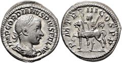 Roman Imperial Gordian III, 238-244. Denarius (Silver, 19 mm, 2.91 g, 7 h), Rome, 240. IMP GORDIANVS PIVS FEL AVG Laureate, draped and cuirassed bust of Gordian III to right, seen from behind. Rev. P 