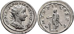 Roman Imperial Gordian III, 238-244. Antoninianus (Silver, 23 mm, 5.22 g, 6 h), Rome, 240. IMP CAES GORDIANVS PIVS AVG Radiate, draped and cuirassed bust of Gordian III to right, seen from behind. Rev