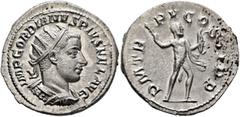 Roman Imperial Gordian III, 238-244. Antoninianus (Silver, 23 mm, 4.00 g, 7 h), Antiochia, 242-244. IMP GORDIANVS PIVS FEL AVG Radiate and cuirassed bust of Gordian III to right, seen from behind. Rev
