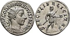 Roman Imperial Gordian III, 238-244. Antoninianus (Silver, 22 mm, 4.27 g, 12 h), Antiochia, 242-244. IMP GORDIANVS PIVS FEL AVG Radiate and cuirassed bust of Gordian III to right, seen from behind. Re