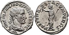 Roman Imperial Philip I, 244-249. Antoninianus (Silver, 21 mm, 4.43 g, 7 h), Antiochia, 244-245. IMP IVL PHILIPPVS PIVS FEL AVG / P M Radiate, draped and cuirassed bust of Philip to right, seen from b