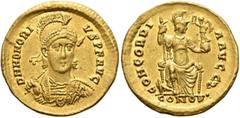 Roman Imperial Honorius, 393-423. Solidus (Gold, 20 mm, 4.36 g, 5 h), Constantinopolis, end of 402. D N HONORIVS P F AVG Pearl-diademed, helmeted and cuirassed bust of Honorius facing slightly to righ
