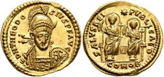 Roman Imperial Theodosius II, 402-450. Solidus (Gold, 21 mm, 4.45 g, 6 h), Constantinopolis, 425-430. D N THEODO-SIVS P F AVG Helmeted, pearl-diademed and cuirassed bust of Theodosius II facing, his h