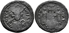 Byzantine Constantine IV Pogonatus, 668-685. 'Solidus' (Bronze, 22 mm, 3.34 g, 6 h), an offstrike from Solidus dies. Constantinopolis, 674. δ N CONTNЧS P Helmeted, diademed and cuirassed bust of Const