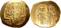 Byzantine John III Ducas (Vatatzes), emperor of Nicaea, 1222-1254. Hyperpyron (Gold, 27 mm, 4.43 g, 6 h), Magnesia. Christ, nimbate, seated facing on throne, wearing tunic and pallium, raising his rig
