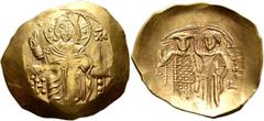 Byzantine John III Ducas (Vatatzes), emperor of Nicaea, 1222-1254. Hyperpyron (Gold, 28 mm, 4.43 g, 6 h), Magnesia. Christ, nimbate, seated facing on throne, wearing tunic and pallium, raising his rig