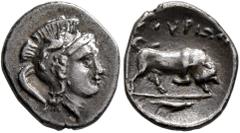 Greek LUCANIA. Thourioi. Circa 350-300 BC. Triobol (Silver, 13 mm, 0.95 g, 7 h). Head of Athena to right, wearing crested Attic helmet decorated with a griffin. Rev. ΘΟΥΡΙΩΝ Bull butting right; below,