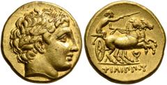 Greek KINGS OF MACEDON. Philip II, 359-336 BC. Stater (Gold, 18 mm, 8.61 g, 1 h), Pella, struck under Philip II or Alexander III, circa 340/36-328. Laureate head of Apollo to right. Rev. ΦΙΛΙΠΠΟΥ Char