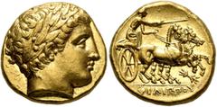 Greek KINGS OF MACEDON. Philip II, 359-336 BC. Stater (Gold, 17 mm, 8.63 g, 11 h), Pella, struck under Philip II or Alexander III, circa 340/36-328. Laureate head of Apollo to right. Rev. ΦΙΛΙΠΠOY Cha