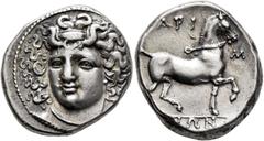 Greek THESSALY. Larissa. Circa 356-342 BC. Stater (Silver, 23 mm, 12.32 g, 11 h). Head of the nymph Larissa facing slightly to left, wearing ampyx, pendant earring and necklace. Rev. [Λ]ΑΡΙ-Σ/[Α]ΙΩΝ B