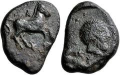 Greek AKARNANIA. Palairos. 4th century BC. Tetradrachm (Bronze, 30 mm, 16.49 g, 12 h). [Π]A Bridled horse galloping right. Rev. [TETRAΔ]PAXMON Laureate head of Zeus to right; all within incuse square.