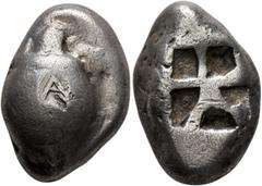 Greek ISLANDS OFF ATTICA, Aegina. Circa 525-480 BC. Stater (Silver, 21 mm, 11.78 g). Sea turtle seen from above, head in profile. Rev. Square incuse with 'proto-skew' pattern. Asyut Group VIb, 521-32.