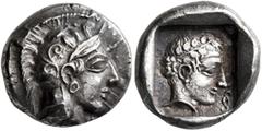 Greek DYNASTS OF LYCIA. Vekhssere I, circa 450-430 BC. Tetrobol or Third Stater (Silver, 14 mm, 2.88 g, 2 h), Xanthos. Head of Athena to right, wearing crested Attic helmet adorned with three olive le
