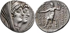 Greek SELEUKID KINGS OF SYRIA. Kleopatra Thea & Antiochos VIII, 126/5-121/0 BC. Tetradrachm (Silver, 29 mm, 16.41 g, 12 h), Ake-Ptolemais. Jugate busts of Kleopatra Thea, diademed, veiled and wearing 