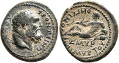 Roman Provincial IONIA. Smyrna. Pseudo-autonomous issue. Assarion (Bronze, 20 mm, 4.46 g, 12 h), Frontinus, proconsul, Myrton, stephanephoros and daughter of the people, and Regeinos, strategos, 84 AD