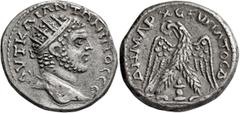 Roman Provincial PHOENICIA. Byblus, or JUDAEA. Neapolis. Caracalla, 198-217. Tetradrachm (Billon, 27 mm, 14.44 g, 12 h), 215-217. AYT KAI ANTⲰNINOC CЄ Radiate head of Caracalla to right. Rev. ΔΗΜΑΡX Є