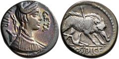 Roman Republican & Imperatorial C. Hosidius C.f. Geta, 64 BC. Denarius (Silver, 16 mm, 3.82 g, 3 h), Rome. GETA - III•VIR Diademed and draped bust of Diana to right, with bow and quiver over her shoul