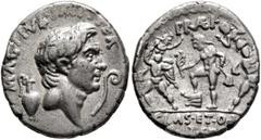 Roman Republican & Imperatorial Sextus Pompey, 43-35 BC. Denarius (Silver, 18 mm, 3.83 g, 12 h), military mint in Sicily, 37-36. MAG PIVS IMP ITER Bare head of Cn. Pompeius Magnus to right; to left, j