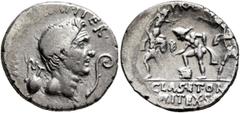 Roman Republican & Imperatorial Sextus Pompey, 43-35 BC. Denarius (Silver, 19 mm, 3.80 g, 5 h), military mint in Sicily, 37-36. M[AG•PIVS•I]MP•ITER• Bare head of Cn. Pompeius Magnus to right; to left,