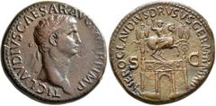 Roman Imperial Claudius, 41-54. Sestertius (Orichalcum, 36 mm, 29.45 g, 6 h), Rome, 41-42. TI CLAVDIVS CAESAR AVG P M TR P IMP Laureate head of Claudius to right. Rev. NERO CLAVDIVS DRVSVS GERMAN IMP 