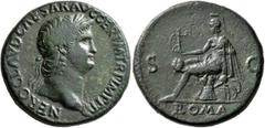 Roman Imperial Nero, 54-68. Sestertius (Orichalcum, 34 mm, 27.52 g, 6 h), Rome, circa 65. NERO CLAVD CAESAR AVG GER P M TR P IMP P P P Laureate head of Nero to right. Rev. ROMA / S - C Roma seated lef
