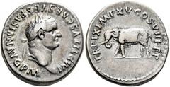 Roman Imperial Titus, 79-81. Denarius (Silver, 18 mm, 3.40 g, 6 h), Rome, January-June 80. IMP TITVS CAES VESPASIAN AVG P M Laureate head of Titus to right. Rev. TR P IX IMP XV COS VIII P P Elephant s