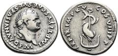 Roman Imperial Titus, 79-81. Denarius (Silver, 18 mm, 3.23 g, 12 h), Rome, 80. IMP TITVS CAES VESPASIAN AVG P M Laureate head of Titus to right. Rev. TR P IX IMP XV COS VIII P P Dolphin coiled around 
