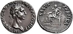 Roman Imperial Nerva, 96-98. Denarius (Silver, 17 mm, 3.68 g, 6 h), Rome, 96. IMP NERVA CAES AVG P M TR P COS II P P Laureate head of Nerva to right. Rev. SALVS PVBLICA Salus seated left on throne, ho