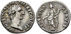 Roman Imperial Nerva, 96-98. Denarius (Silver, 18 mm, 3.49 g, 6 h), Rome, 97. IMP NERVA CAES AVG P M TR P COS III P P Laureate head of Nerva to right. Rev. FORTVNA AVGVST Fortuna standing front, head 