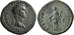 Roman Imperial Nerva, 96-98. Dupondius (Orichalcum, 30 mm, 13.16 g, 6 h), Rome, 97. IMP NERVA CAES AVG P M TR P COS III P P Radiate head of Nerva to right. Rev. FORTVNA AVGVST / S - C Fortuna standing