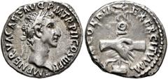 Roman Imperial Nerva, 96-98. Denarius (Silver, 18 mm, 3.49 g, 6 h), Rome, 97. IMP NERVA CAES AVG P M TR P II COS III P P Laureate head of Nerva to right. Rev. CONCORDIA EXERCITVVM Clasped right hands 