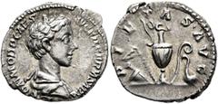 Roman Imperial Commodus, as Caesar, 166-177. Denarius (Silver, 19 mm, 2.86 g, 11 h), Rome, 175-176. COMMODO CAES AVG FIL GERM SARM Bare-headed and draped bust of Commodus to right. Rev. PIETAS AVG Ses