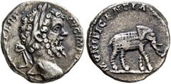 Roman Imperial Septimius Severus, 193-211. Denarius (Silver, 17 mm, 3.44 g, 12 h), Rome, 196. [L SEPT SEV] PERT AVG IMP VI[II] Laureate head of Septimius Severus to right. Rev. MVNIFICENTIA A[VG] Elep