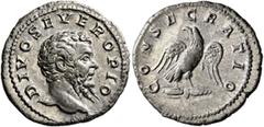 Roman Imperial Divus Septimius Severus, died 211. Denarius (Silver, 20 mm, 3.33 g, 6 h), Rome, mid to late 211. DIVO SEVERO PIO Bare head of Septimius Severus to right. Rev. CONSECRATIO Eagle standing