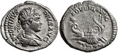 Roman Imperial Caracalla, 198-217. Denarius (Silver, 20 mm, 3.34 g, 12 h), Rome, 202. ANTONINVS PIVS AVG Laureate and draped bust of Caracalla to right, seen from behind. Rev. ADVENT AVGG Galley with 