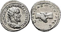 Roman Imperial Pupienus, 238. Antoninianus (Silver, 22 mm, 4.40 g, 6 h), Rome, circa April-June 238. IMP CAES PVPIEN MAXIMVS AVG Radiate, draped and cuirassed bust of Pupienus to right, seen from behi