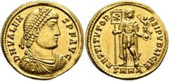 Roman Imperial Valens, 364-378. Solidus (Gold, 21 mm, 4.47 g, 6 h), Heraclea, 364. D N VALENS P F AVG Pearl-diademed, draped and cuirassed bust of Valens to right. Rev. RESTITVTOR REI PVBLICAE / SMHA 