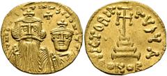 Byzantine Constans II, with Constantine IV, 641-668. Solidus (Gold, 21 mm, 4.34 g, 6 h), Constantinopolis, circa 654-659. δ N CONSTANTINЧS C CONSTA Crowned and draped bust of Constans II facing, with 