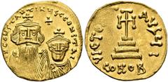 Byzantine Constans II, with Constantine IV, 641-668. Solidus (Gold, 20 mm, 4.30 g, 6 h), Constantinopolis, circa 654-659. δ N CONSTANTINЧS C CONSTAI Crowned and draped bust of Constans II facing, with