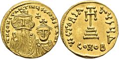 Byzantine Constans II, with Constantine IV, 641-668. Solidus (Gold, 20 mm, 4.49 g, 6 h), Constantinopolis, circa 654-659. δ N CONSTANTINЧS C CONSTANT Crowned and draped bust of Constans II facing, wit