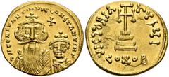 Byzantine Constans II, with Constantine IV, 641-668. Solidus (Gold, 20 mm, 4.45 g, 6 h), Constantinopolis, circa 654-659. δ N CONSTANTINЧS C CONSTANTINV Crowned and draped bust of Constans II facing, 