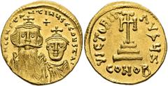 Byzantine Constans II, with Constantine IV, 641-668. Solidus (Gold, 21 mm, 4.47 g, 6 h), Constantinopolis, circa 654-659. δ N CONSTANTINЧS C CONSTAI Crowned and draped bust of Constans II facing, with
